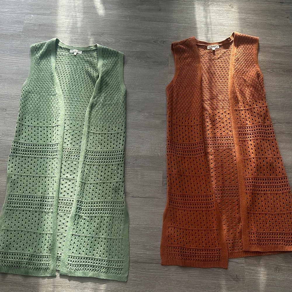 Green and Orange Knit Sleeveless Cardigans